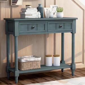 35 in. Navy Rectangle Wood Daisy Series Console Table with Two Drawers and Bottom Shelf