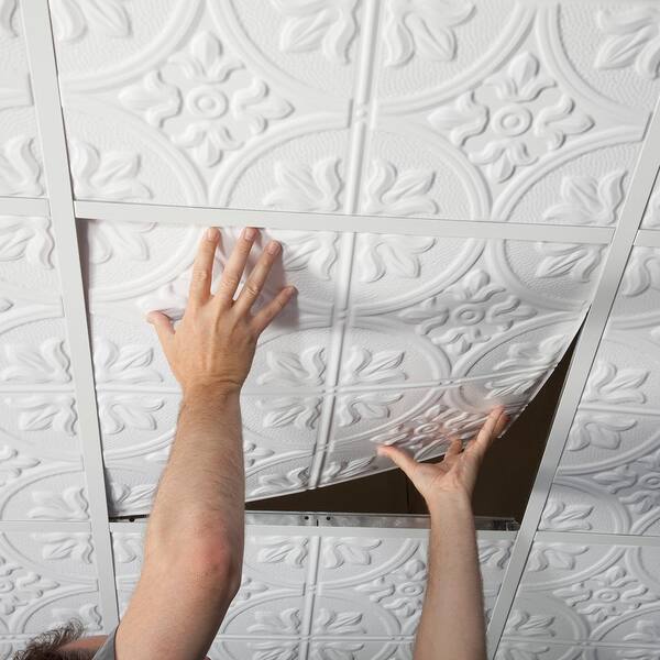 Fasade 2-ft x 2-ft Rosette Matte White PVC Drop Ceiling Tile (5-Pack, 20-sq ft / Case)