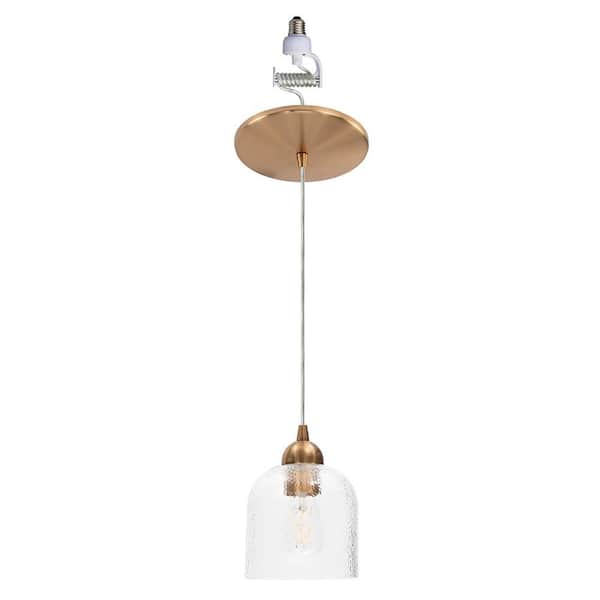 Instant Pendant 1-Light Satin Brass Recessed Light Conversion Kit with Clear Hammered Glass Shade