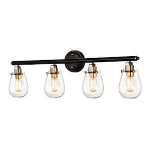 Ontario 30 in. 4-Light Black and Antique Gold Vanity Light with Glass Shade
