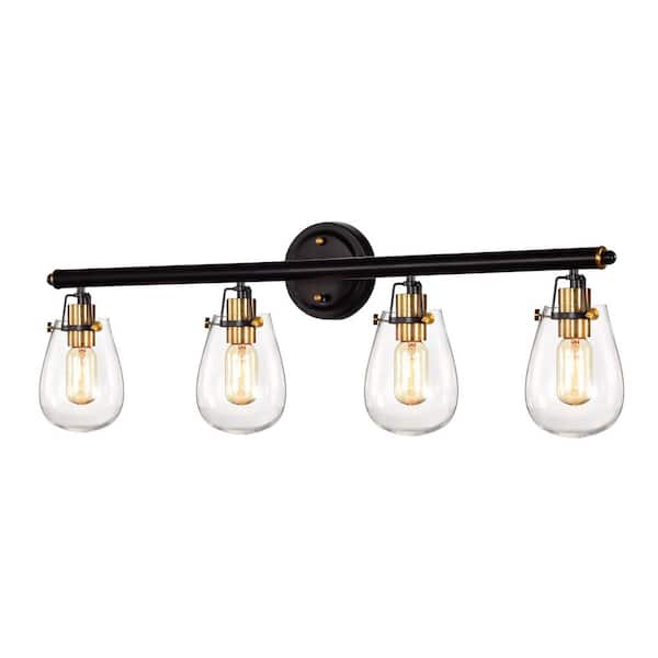 Edvivi Ontario 30 in. 4-Light Black and Antique Gold Vanity Light with Glass Shade