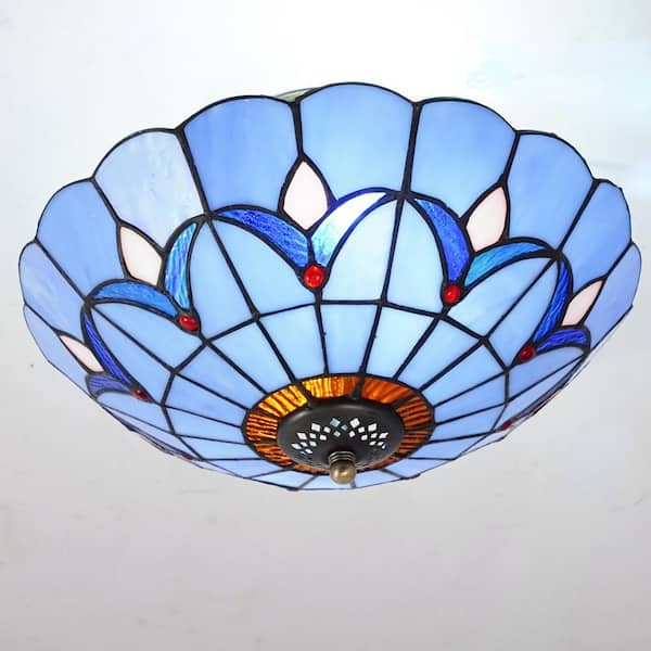 OUKANING 11.81 in. 2-Light Blue Modern Mediterranean Flush Mount Ceiling Light with Stained Glass Shade, No Bulbs Included