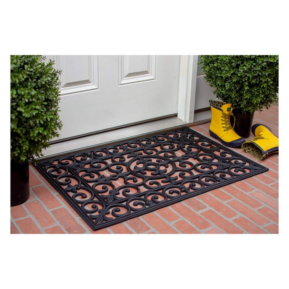 Black Scroll Design Rubber Outdoor Doormat 18" x 30"