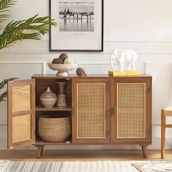JAYDEN CREATION Ezio 3-Door Walnut Rattan Accent Cabinet