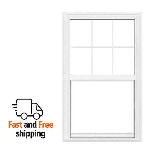 V-2500 Series 25.5 in. x 36 in. Double Pane Double Hung Vinyl Low-E White Nail Fin Frame Brickmould Window with Grids