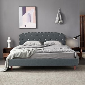 63 in. W Grey Full Upholstered Platform Bed Frame Adjustable Diamond Button Headboard Easy Assembly