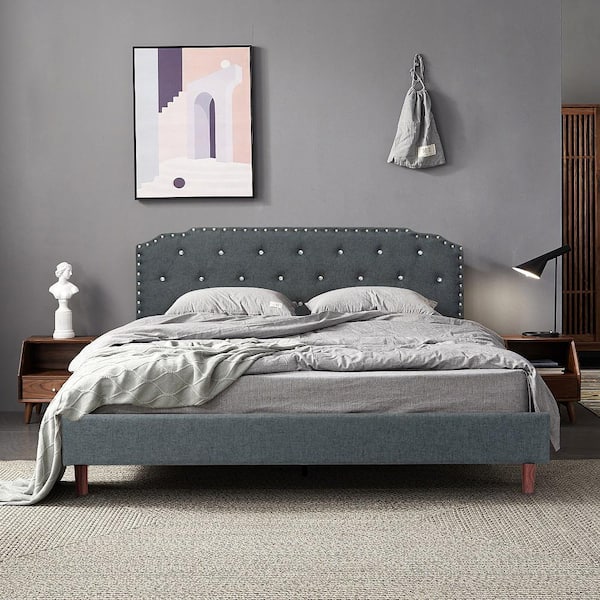 63 in. W Grey Full Upholstered Platform Bed Frame Adjustable Diamond Button Headboard Easy Assembly