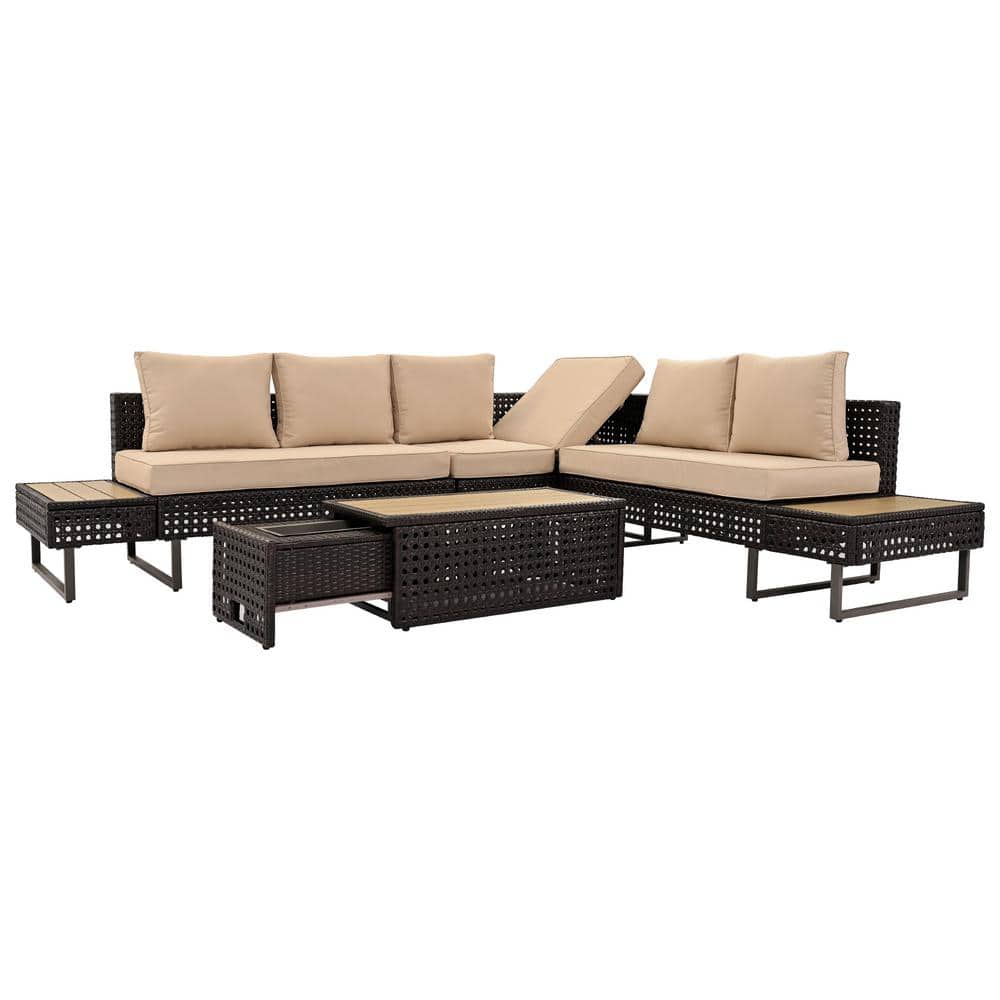 6-Piece Metal Diamond Weave Patio Conversation Set with Extendable Coffee Table, Ice Bucket & Side Table, Khaki Cushions price history on PriceWatchPro