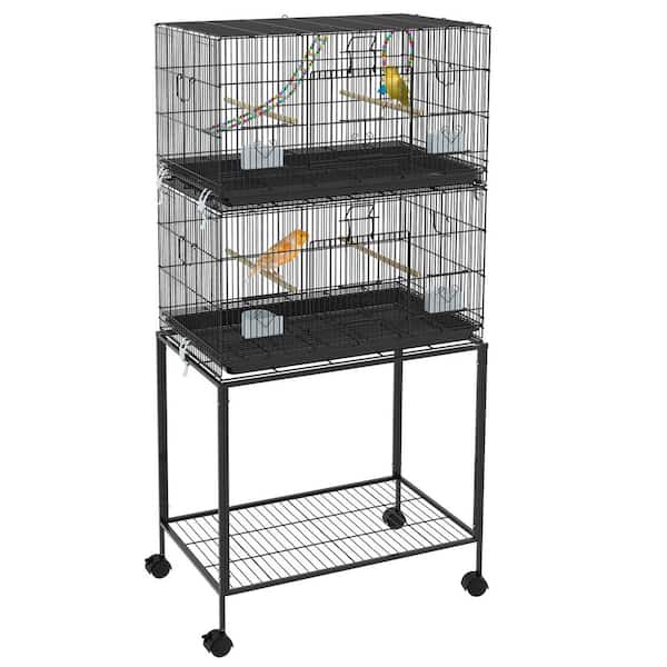 30.25 in. W x 18 in. D Black Steel Bird Cage with Stand-Includes Wooden Swing, Rope Ladder, Wheels and Storage Shelf