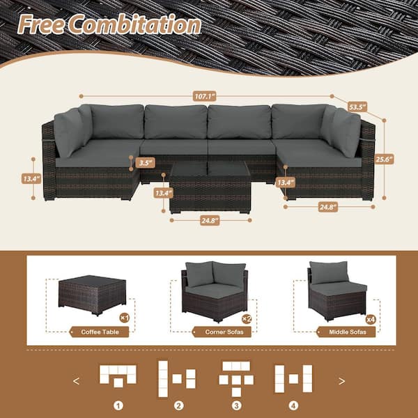 7-Piece Wicker Patio Conversation Sectional Seating Set with Dark Gray Cushions