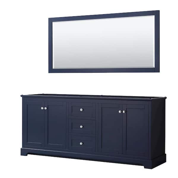 Wyndham Collection Avery 79 in. W x 21.75 in. D x 34.25 in. H Double Bath Vanity Cabinet without Top in Dark Blue with 70 in. Mirror