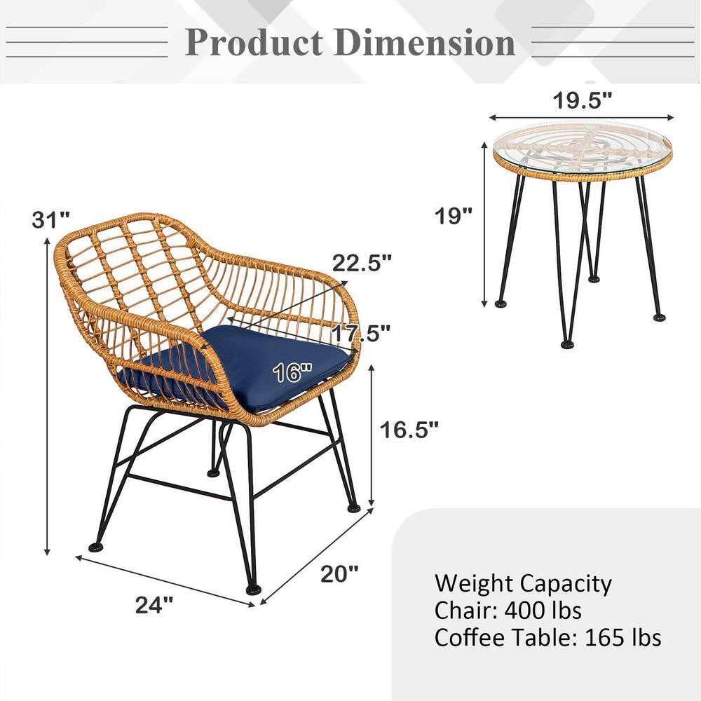 Navy Cushioned Rattan and Steel Outdoor Bistro Set