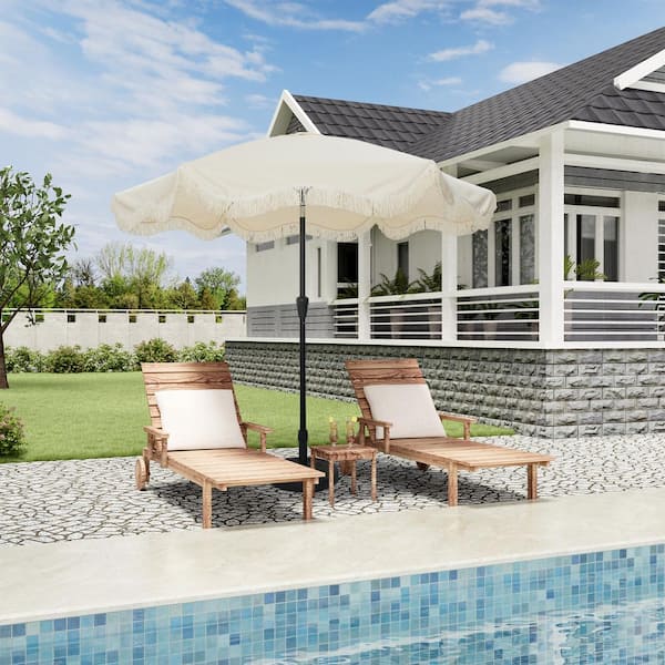 9 ft. Tassel Market Patio Umbrella with Full Fiberglass Rib and Round Umbrella Base in Cream