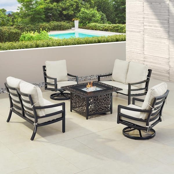 Oakland Living Black 6-Piece Aluminum Patio Fire Pit with 2-Deep Seating Loveseat and 2-Club Chairs Light Grey Cushions