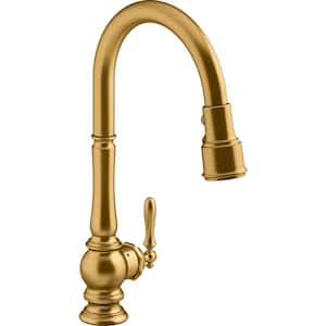 Artifacts Single Handle Touchless Pull Down Sprayer Kitchen Faucet in Vibrant Brushed Moderne Brass
