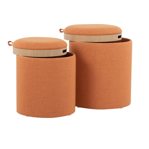 Lumisource Tray Orange Fabric and Natural Wood Nesting Ottoman Set