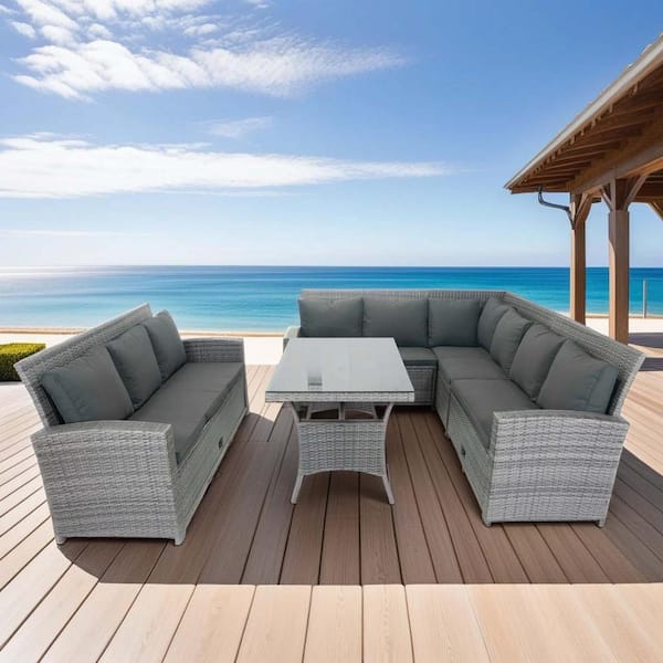 Angel Sar 5-Piece Grey Wicker Patio Conversation Set with 3-Storage Under Seat and Grey Cushion for Garden