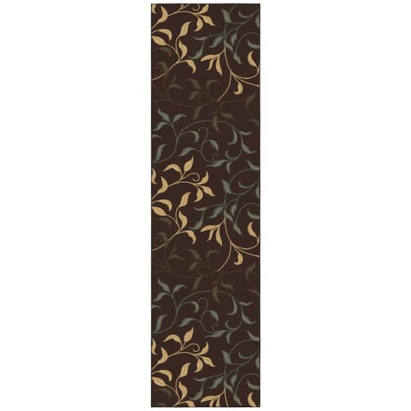 Ottohome Collection Non-Slip Rubberback Leaves Design 3x10 Indoor Runner Rug, 2 ft. 7 in. x 9 ft. 10 in., Dark Brown
