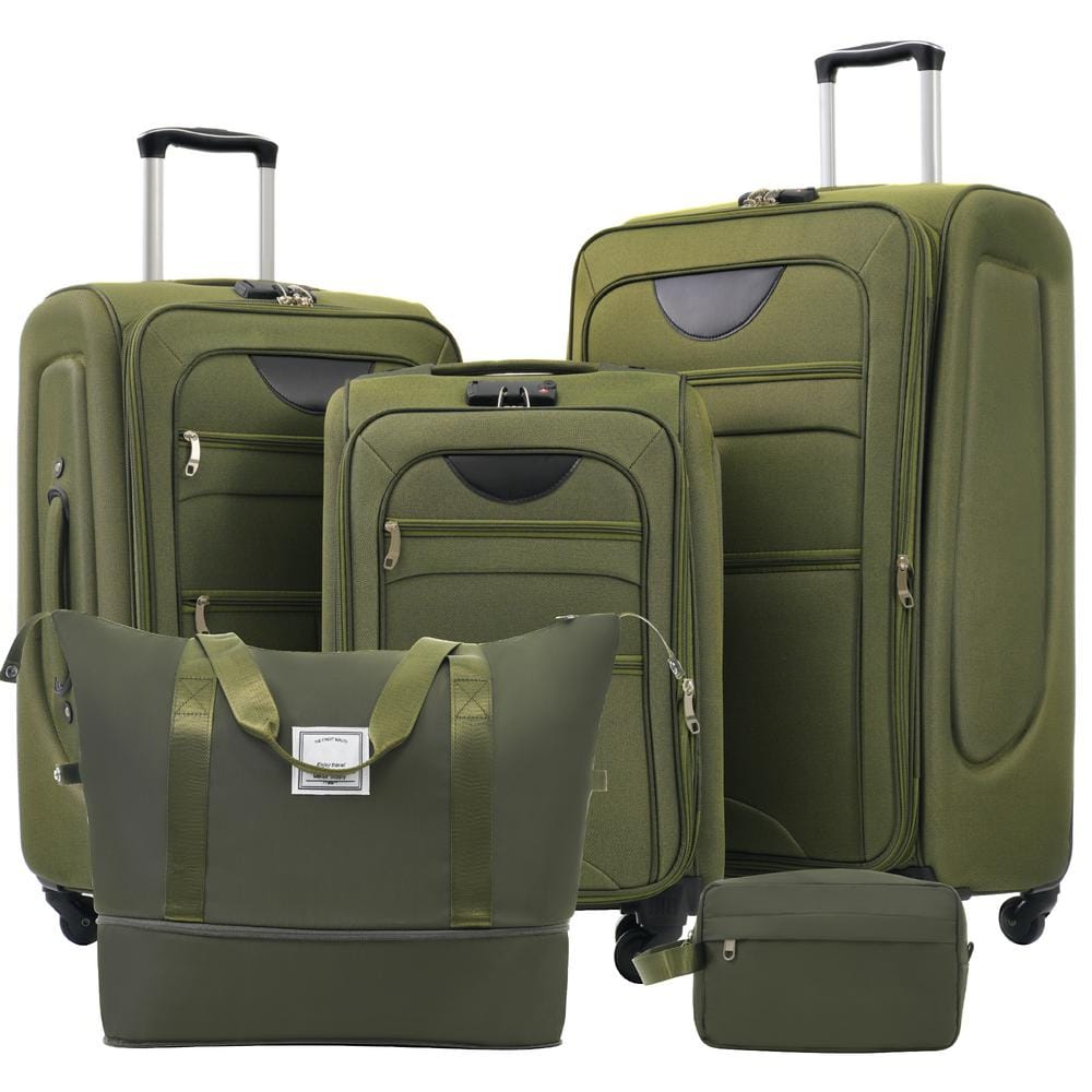 5 Piece Army Green Polyester Softside Spinner 20 24 28 Luggage Set with Expandable Duffel Bag Toiletry Bag