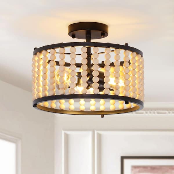 TinHon 12.6 in. Black and Beige Beaded Semi-Flush Mount Ceiling Light, 2-Light Boho Drum Light Fixture for Bedroom, Entryway