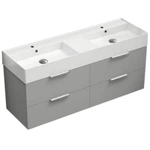 Derin 55.51 in. W x 18.11 in. D x 25.2 H Double Sinks Wall Mounted Bathroom Vanity in Grey mist with White Ceramic Top