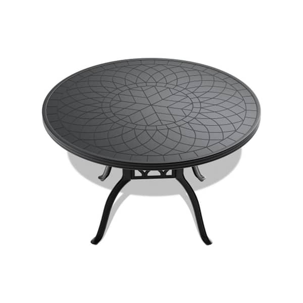 Misopily 47.24 in. Round Cast Aluminum Black Outdoor Patio Dining Table with Carved Texture on the Tabletop