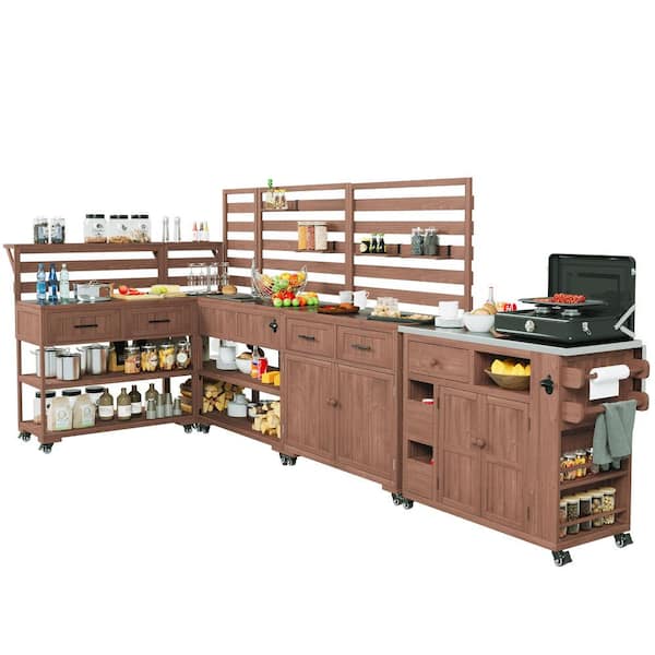 Brown 4-Piece Outdoor Rolling Kitchen Island, Solid Wood Grill Table with Sink and Faucet