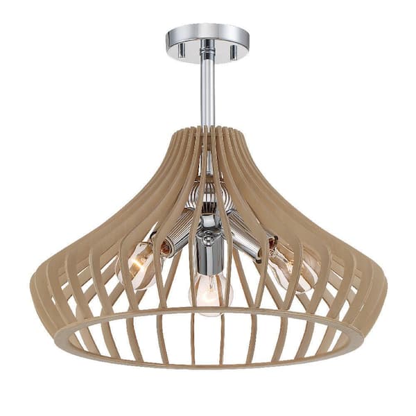 17.75 in. Sanaa 3-Light Kula Wood Ceiling Light Semi Flush Mount