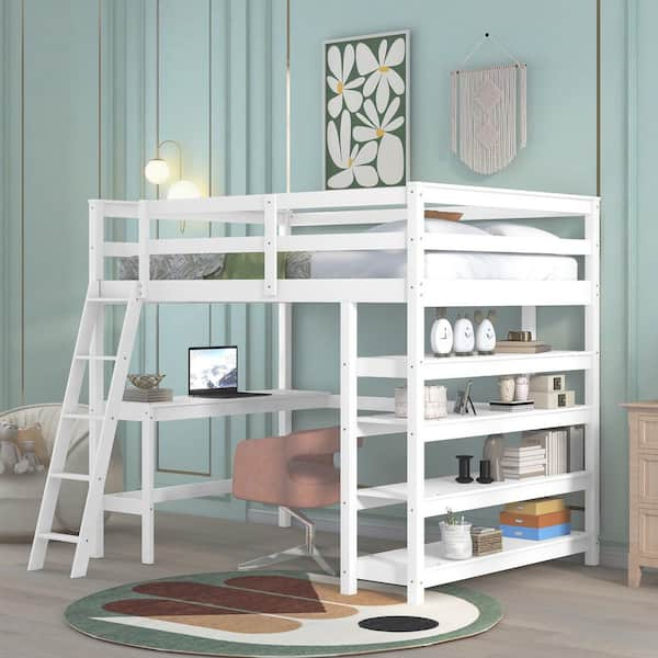 URTR Full Size Wood White Loft Bed with Desk, Ladder, Loft Beds with ...