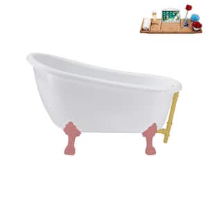 53 in. x 25.6 in. Acrylic Clawfoot Soaking Bathtub in Glossy White with Matte Pink Clawfeet and Brushed Gold Drain