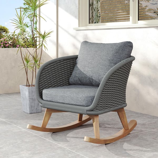 Unbranded Contemporary Minimalist Gray Wicker Outdoor Rocking Chair with Soft Polyester Gray Cushions and Durable Wooden Frame