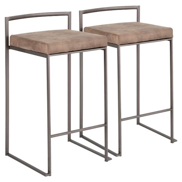Lumisource Fuji 26 in. Antique Stackable Counter Stool with Brown Cowboy Cushion (Set of 2)