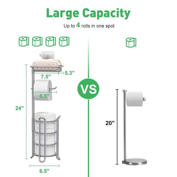 Free-Standing Toilet Paper Holder Stand with Storage Shelf in Silver, Holds Reserve Mega Rolls for Restroom Vanity