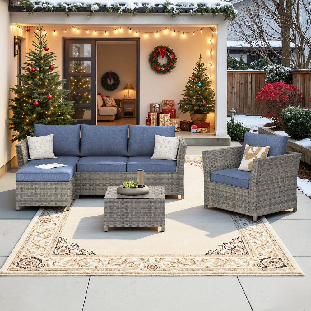 Bella Gray 6-Piece Wicker Outdoor Sectional Set with Denim Blue Cushions price history on PriceWatchPro