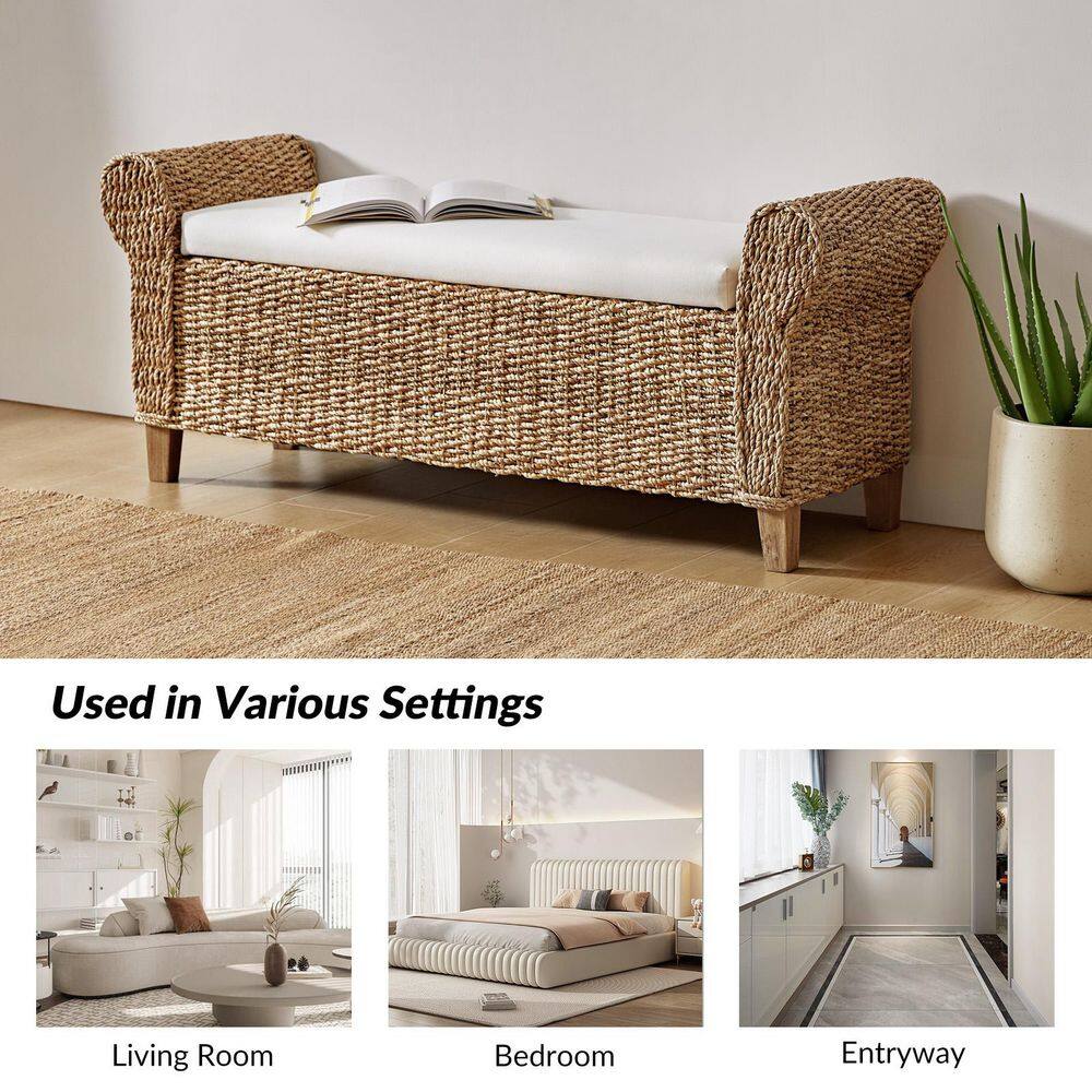 August 56 in. W Boho Flip Top Storage Rattan Entryway Bench with Solid Wood Legs and Roll Arms-Natural - thumbnail 2