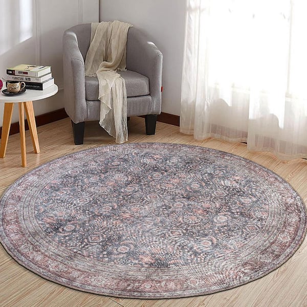 Vintage Inspired Machine Washable Non Slip Charcoal 8 ft. ROUND Area Rug