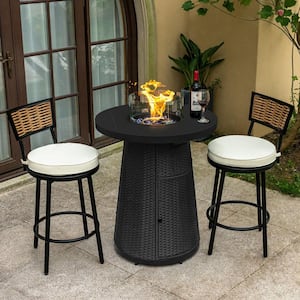 3-Piece Metal Patio Conversation Set w/Black Gas Bar Height Fire Pit Table and Swivel Chairs and Cushions and Wind Guard