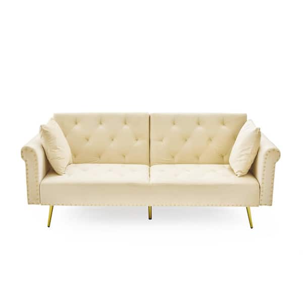 URTR 33 in. W Rolled Arm Sofa Velvet Upholstery Bed Sofa Modern Style Straight Sofa with Throw Pillow and Midfoot in Beige