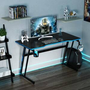 47.5 in. W Gaming Z-Shaped Blue Wood Computer Writing Office Table Desk with Gaming Handle Rack