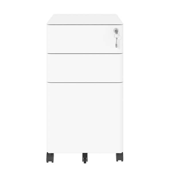 11.81 in. W 3 Drawer Metal Mobile File Tool Cabinet with Lock, White Filing Cabinets, Tool Cart for Garage, Office, Home
