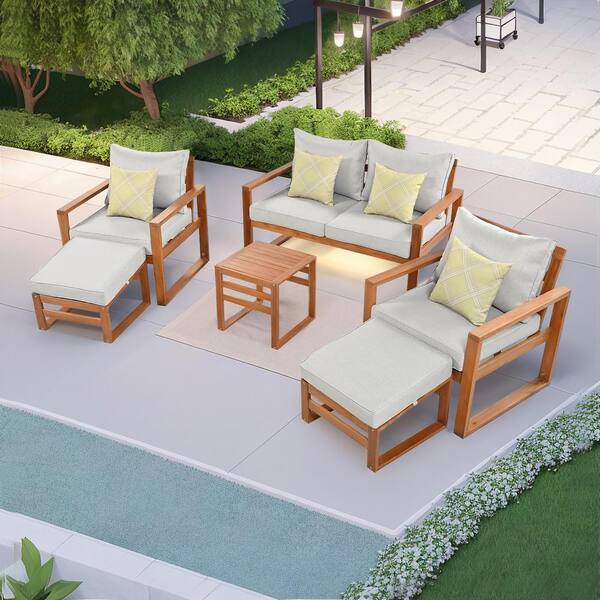Unbranded Brown 6-Piece Solid Wood Patio Conversation Set Group with Gray Cushions and Ottomans