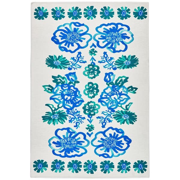 Graphic Gerbera Machine Washable Teal 3 ft. x 5 ft. Indoor Area Rug