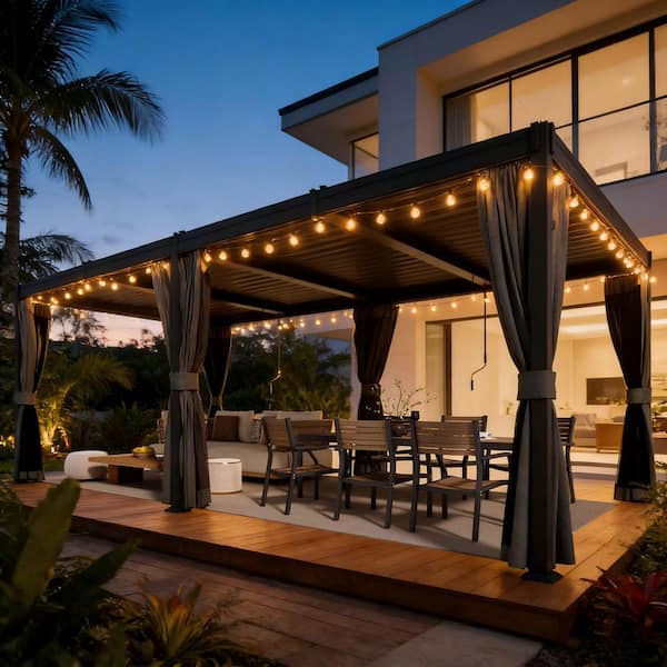 10 ft. W X 20 ft. D Ft Black Galvanized Steel Pergola With Louvered Roof, Curtain, And Protective Netting