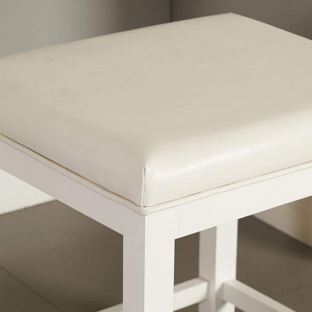 Vista White Solid Pine Wood Vanity Stool with Faux Leather Seat