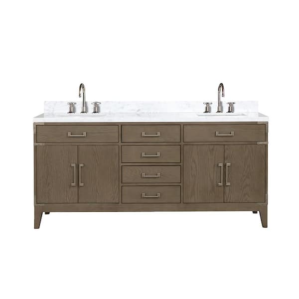 Fossa 72 in W x 22 in D Grey Oak Double Bath Vanity, Carrara Marble Top, and Faucet Set