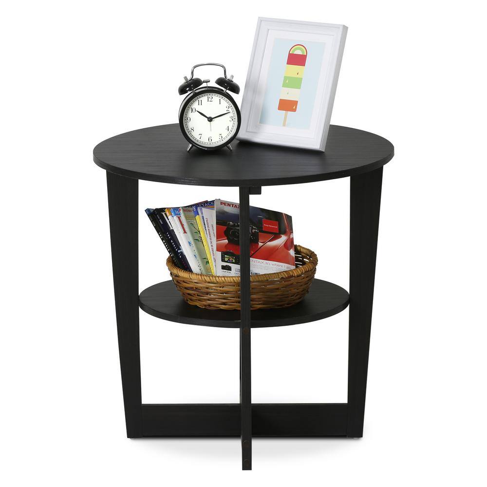Black oval end table with a lower shelf.
