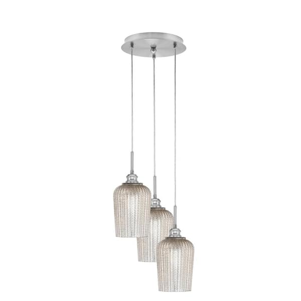 Unbranded Savannah 10 in. 3-Light Brushed Nickel Cord Pendant Light Silver Textured Glass Shade