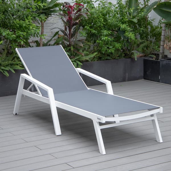 Leisuremod Marlin Outdoor Patio Chaise Lounge Chair with Arms in White Aluminum Reclining Backrest Mesh Sling Seat in Dark Grey