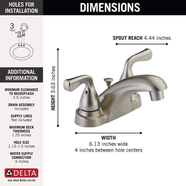 Delta Foundations 4 in. shops Centerset 2-Handle Hi-Arc Bathroom Faucet Brushed Nickel