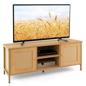 Boho TV Stand Fits TVs up to 55 in. with Faux Rattan Door Side Cabinet and Open Shelf